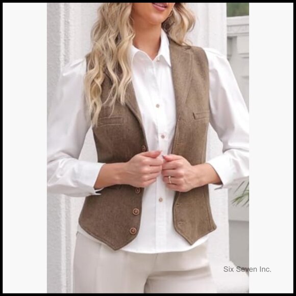 Herringbone Tweed Sleeveless Blazer Vest Lapel V Neck Office Wear - Picture 4 of 7